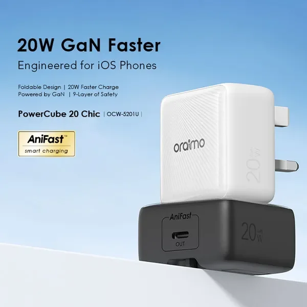 شاحن Oraimo 20W بتقنية GaN مع كابل L إلى C أبيض 5053 — 4
