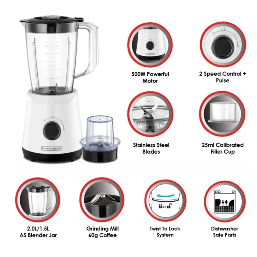 خلاط كهربائي أبيض مع مطحنة Black+Decker BX520-B5 — 2