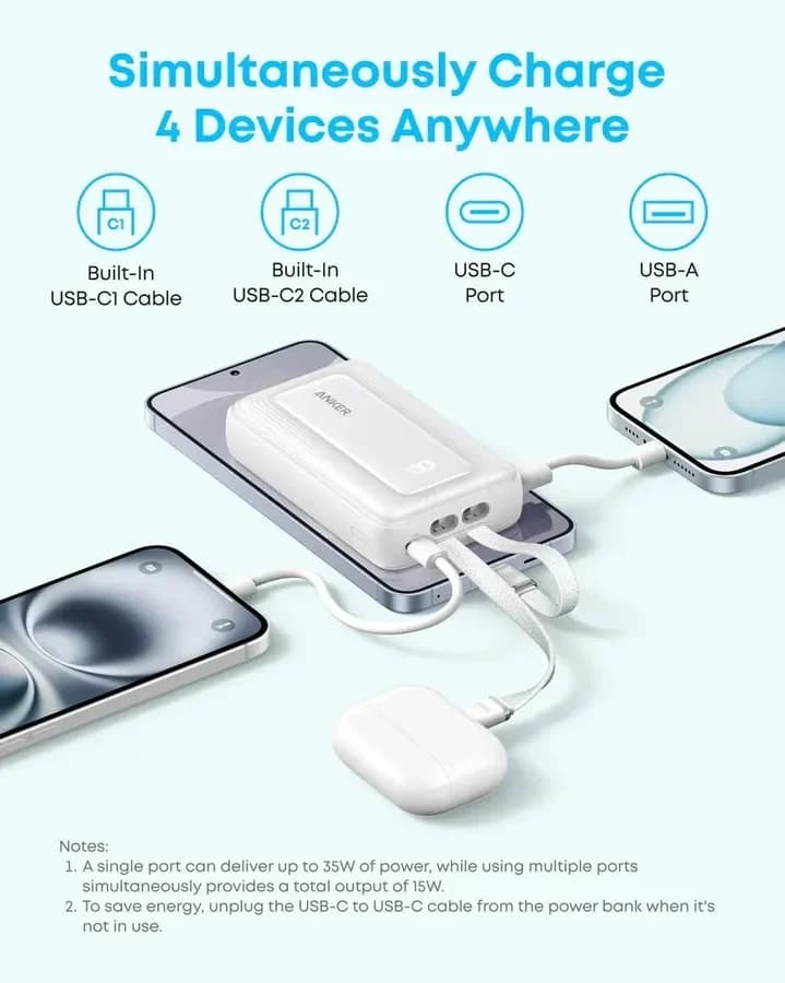 شاحن طوارئ أنكر Zolo Power Bank 10K mAh 35W مع كابلات USB-C مدمجة - 6743