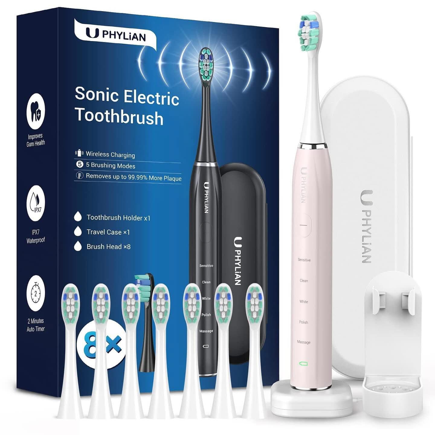 فرشاة أسنان كهربائية سونيك للسفر مع 8 رؤوس و5 أوضاع ومؤقت - hh0615-blk