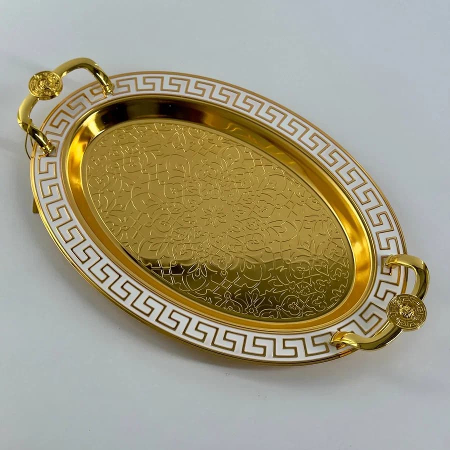 سيت صينية فرساچي قطعتين بيضوي أبيض وذهبي 6317 — 2