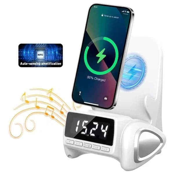 حامل هاتف متعدد الوظائف 5 في 1 مع شاحن لاسلكي وبنك طاقة ومكبر صوت وضوء وساعة – MGTU SL31926 MGTU 5-in-1 Multi-Functional Wireless Charger &amp; Speaker with Power Bank, Light, and Clock – SL31926