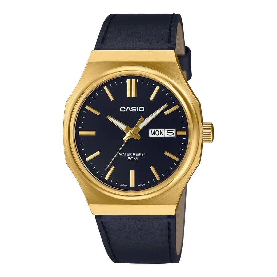 ساعة يد أنيقة متعددة الوظائف بتصميم ذهبي من CASIO MTP-E735GL-1AVDF 4549526401077