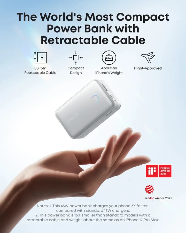 أنكر باور بانك نانو 10K 45W مع كابل USB-C مدمج قابل للسحب 6783