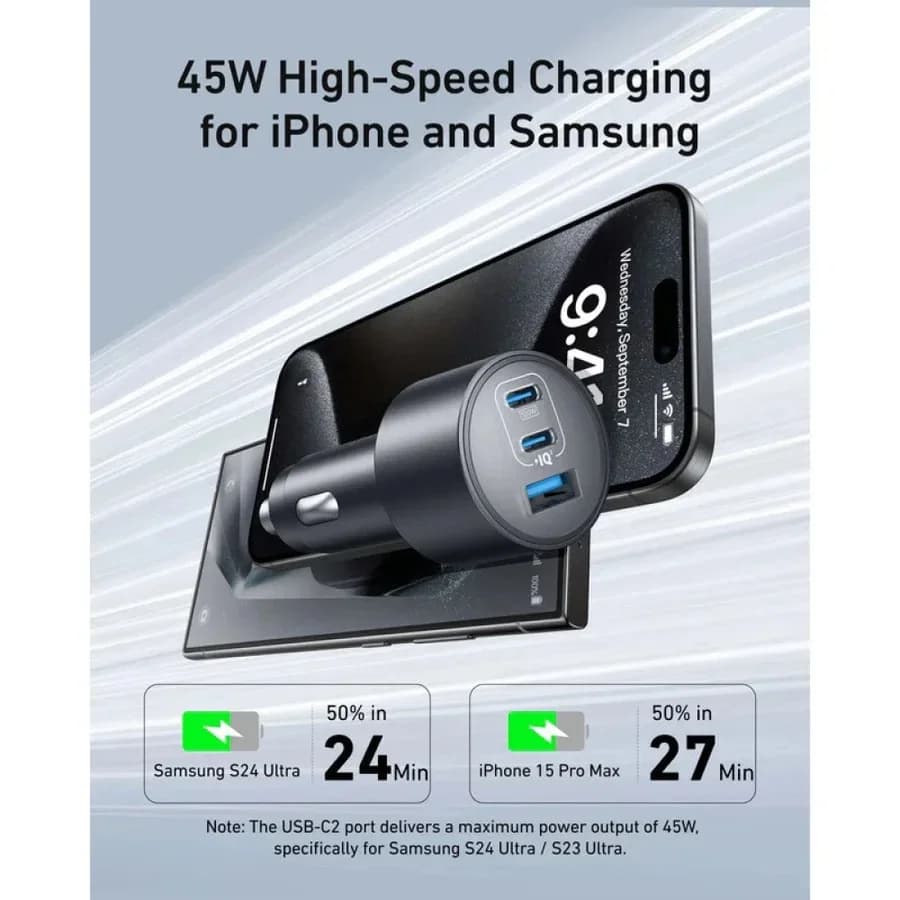 شاحن سيارة أنكر 3 منافذ بقوة 167.5 واط مع كابل USB-C بطول 3.3 قدم رمادي 6723