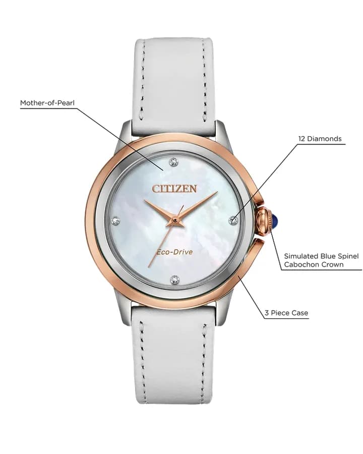 ساعة نسائية أنيقة بتقنية Eco-Drive وحزام جلد بني فاخر EM0796-08Y