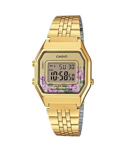 ساعة كاسيو الرقمية بتصميم كلاسيكي ذهبي مع قرص وردي LA680WGA-4CDF