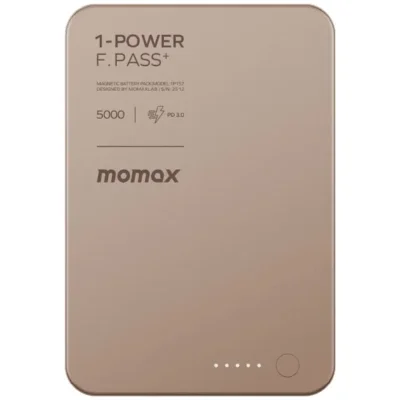 شاحن طوارئ Momax 1-Power Mini 5000mAh مع كيبل USB-C مدمج وقابل للطي - ذهبي 9013