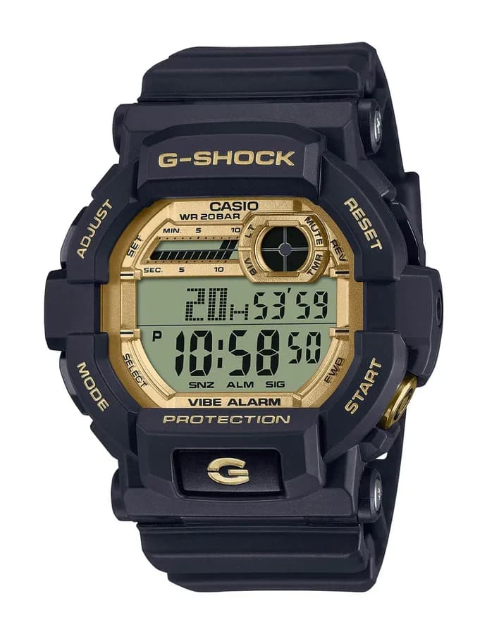 ساعة يد رقمية GD-350GB-1DR من كاسيو جي-شوك بتصميم أسود ولمسات ذهبية مع وظائف متعددة