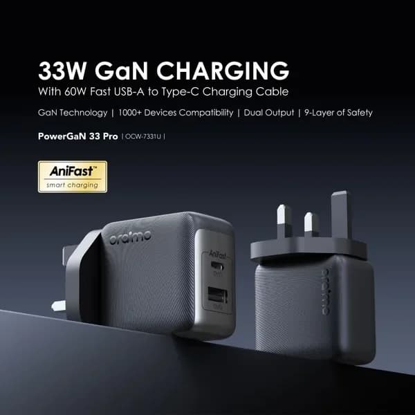 شاحن Oraimo 33W بتقنية GaN مع كابل A إلى C (60W) أسود - 5686 — 2