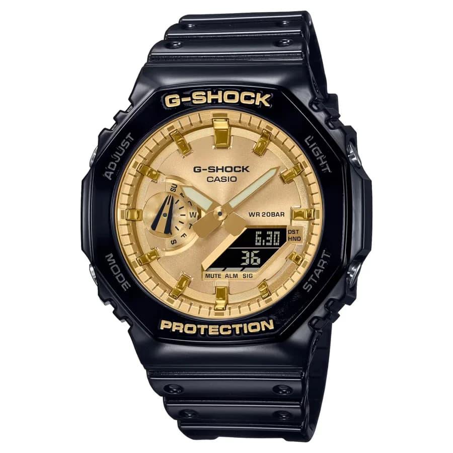 ساعة يد رجالية أنيقة من كاسيو G-SHOCK GA-2100GB-1ADR بتصميم نحيف ولمسات ذهبية