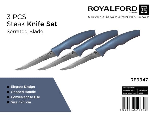 طقم سكاكين ستيك مكون من 3 قطع بشفرات مسننة ومقبض رمادي من ROYALFORD RF9947 — 4