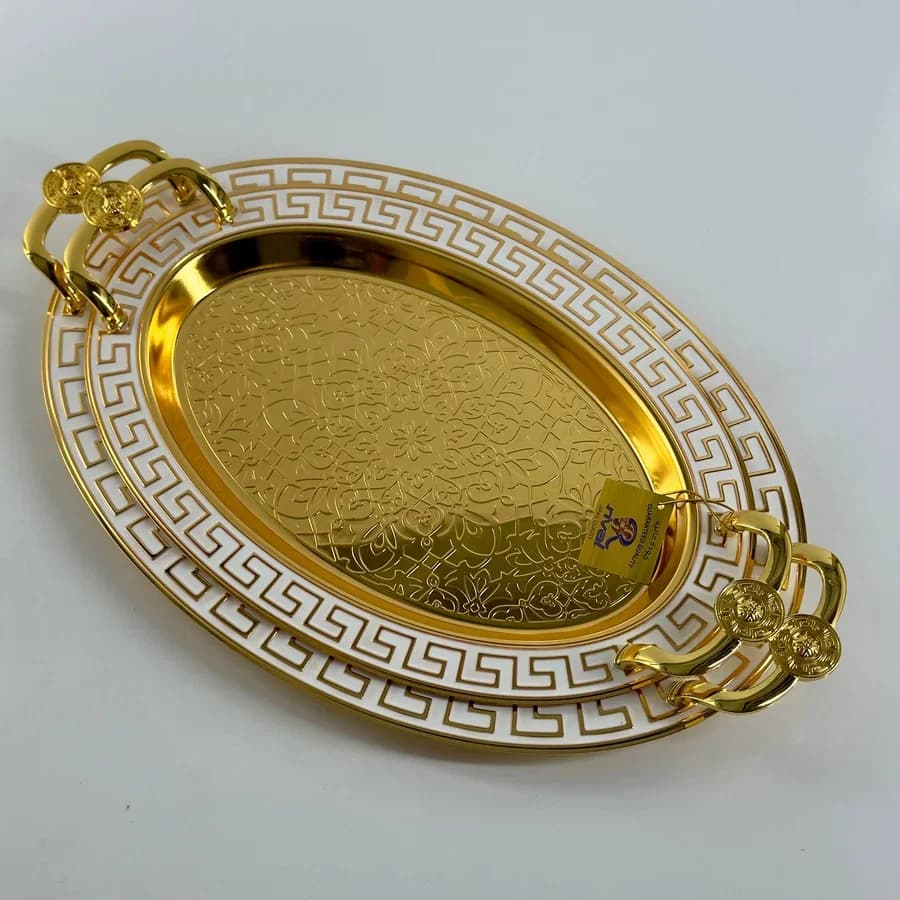 سيت صينية فرساچي قطعتين بيضوي أبيض وذهبي 6317 — 3