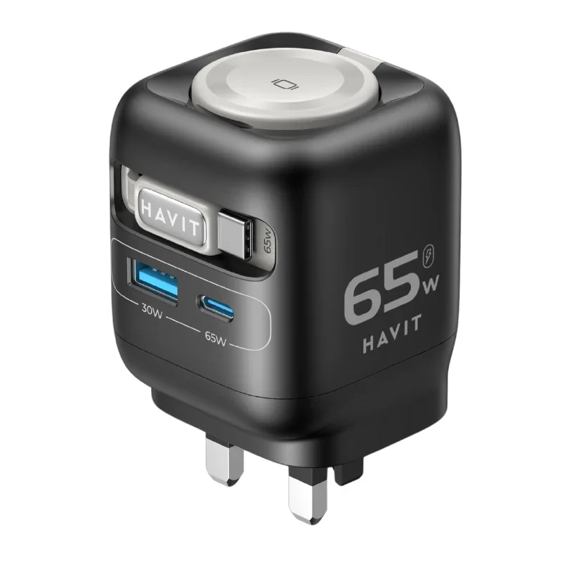 شاحن السفر هافيت UC252 UK 65W GaN مع كابل مدمج وشاحن ساعة أبل 6594