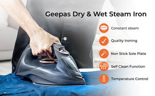 مكواة بخار متعددة الوظائف مع تحكم بدرجة الحرارة ولوحة سيراميك من GEEPAS GSI7703 — 4