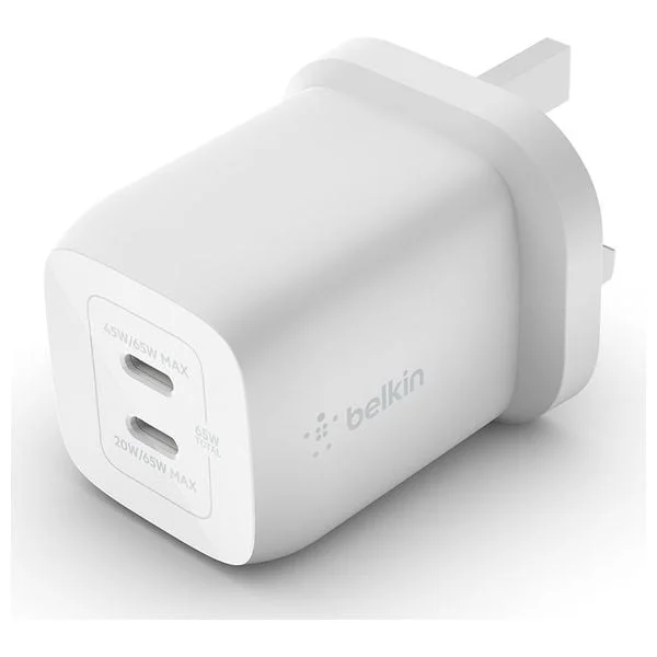 راس شحن Belkin 65W مزدوج بمنفذين USB-C بتقنية GaN وPPS - أبيض 2906