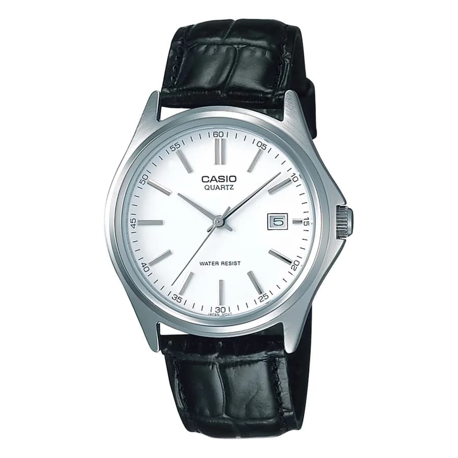 ساعة يد تناظرية بيضاء بسوار جلد أسود مقاومة لرشات الماء من CASIO MTP-1183E-7ADF