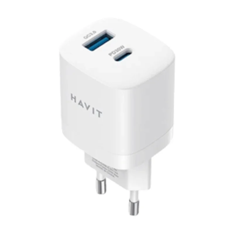 شاحن جداري Havit UC30 UK بقدرة 30 واط مع منفذين USB-C PD و USB-A - أبيض UC30UK-WHITE