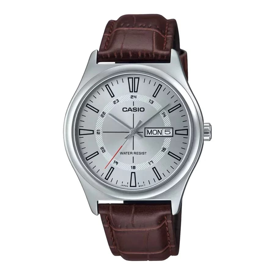 ساعة يد أنيقة بتصميم متوسط الحجم ونحيف مع سوار جلدي بني من CASIO MTP-V006L-7CUDF 4549526361142