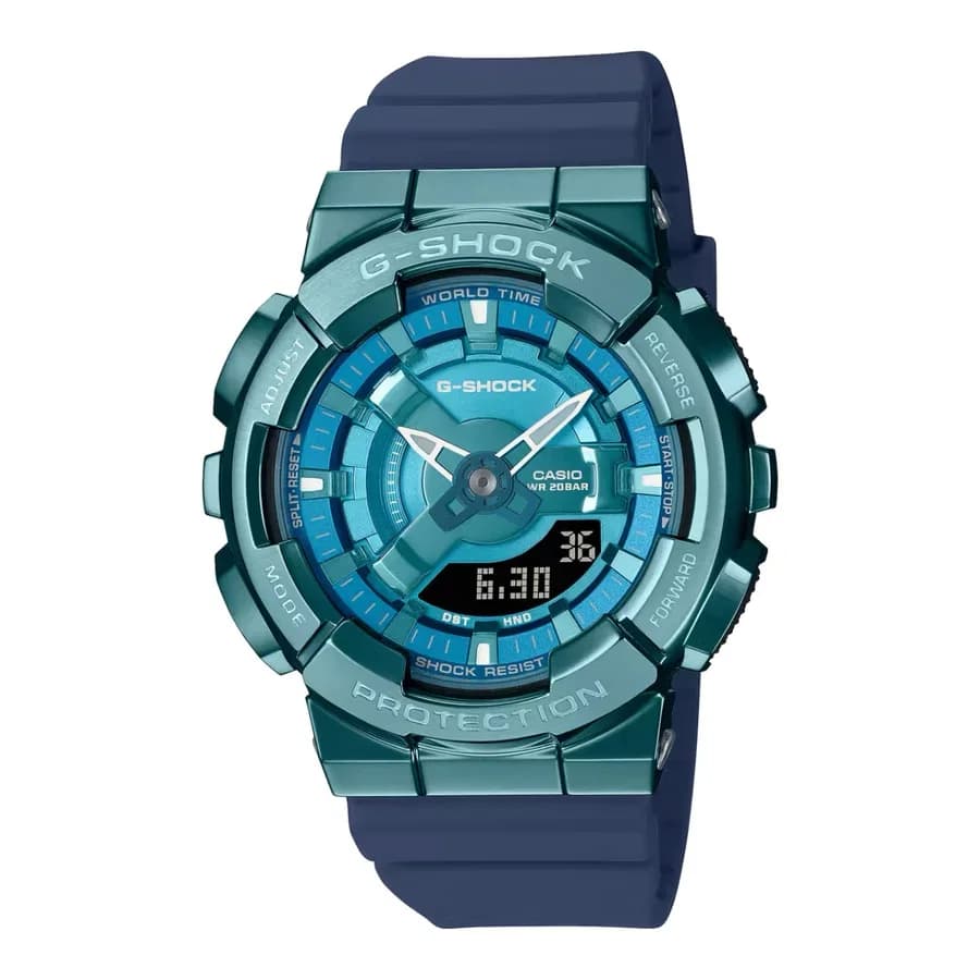 ساعة يد رجالية أنيقة مقاومة للماء بتصميم معدني أزرق من سلسلة GM-S Mini Metal Bezel GM-S110LB-2ADR