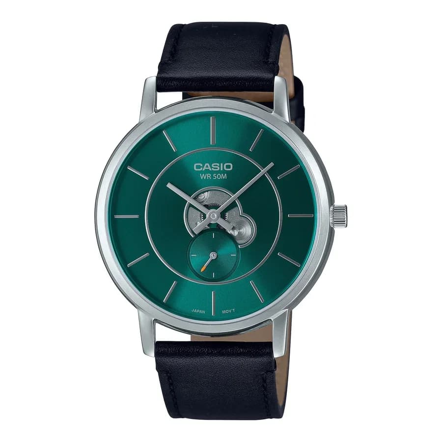 ساعة يد تناظرية أنيقة مقاومة للماء مع سوار جلد طبيعي من CASIO MTP-B130L-3AVDF