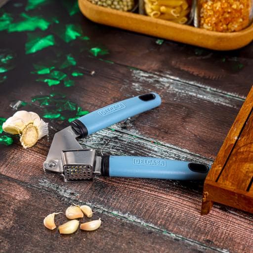 عصارة ثوم من الفولاذ المقاوم للصدأ بمقبض بلاستيكي مريح من DELCASA، فضي وأزرق DC3350 — 4