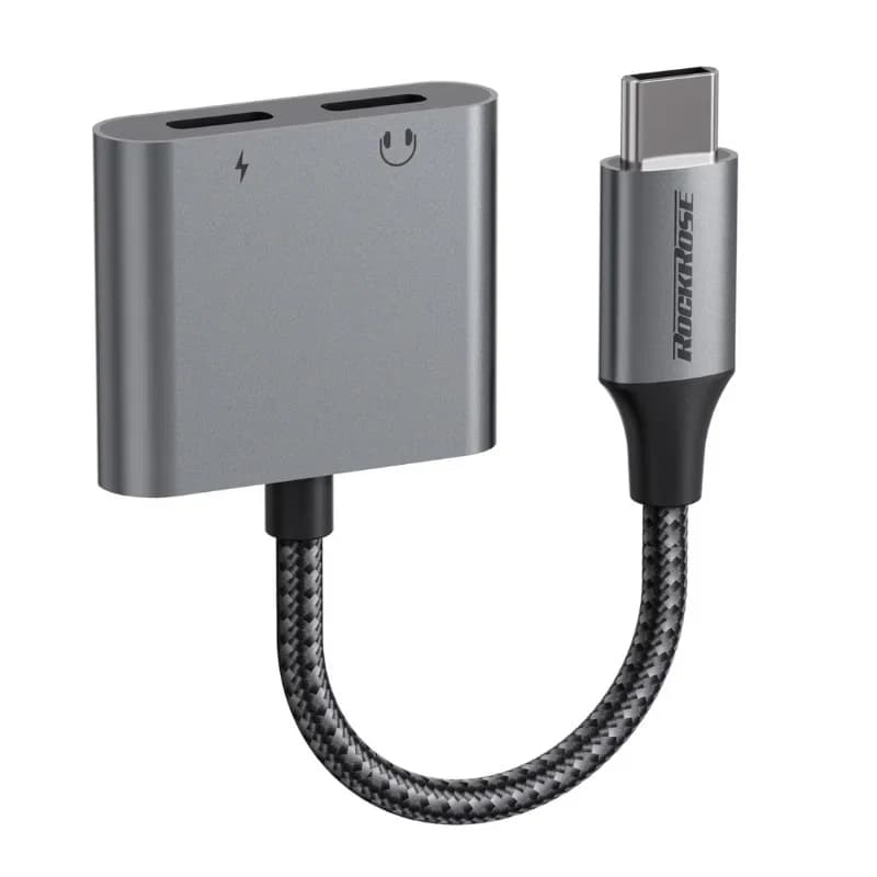 محول Rockrose RR USB-C إلى USB-C مزدوج PD 60W للشحن والمكالمات والموسيقى 3970