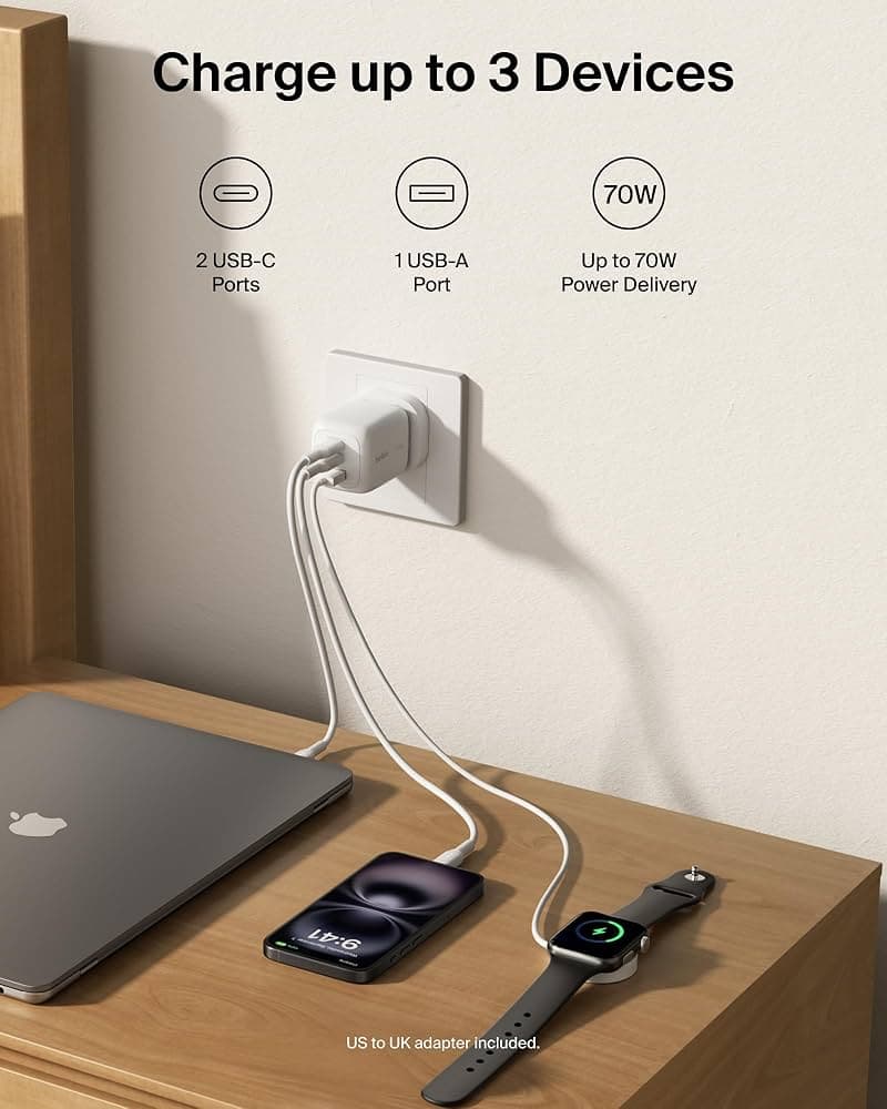 شاحن جداري Belkin GaN ثلاثي المنافذ بقدرة 70 واط - WCH018hqWH — 4