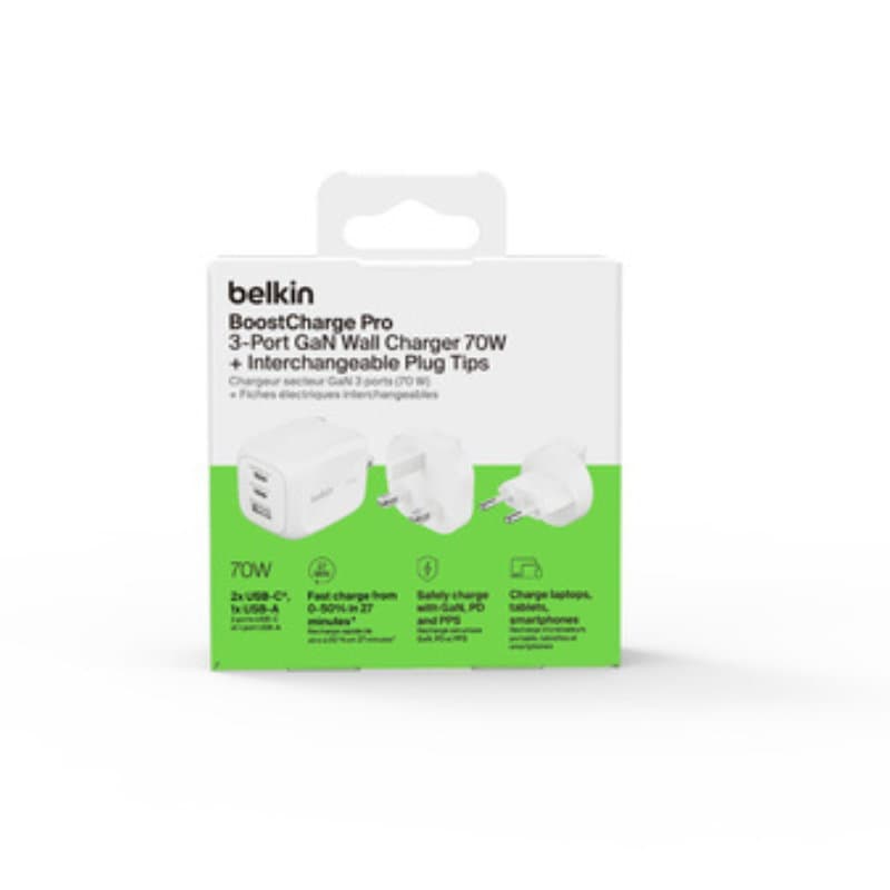 شاحن جداري Belkin GaN ثلاثي المنافذ بقدرة 70 واط - WCH018hqWH — 3