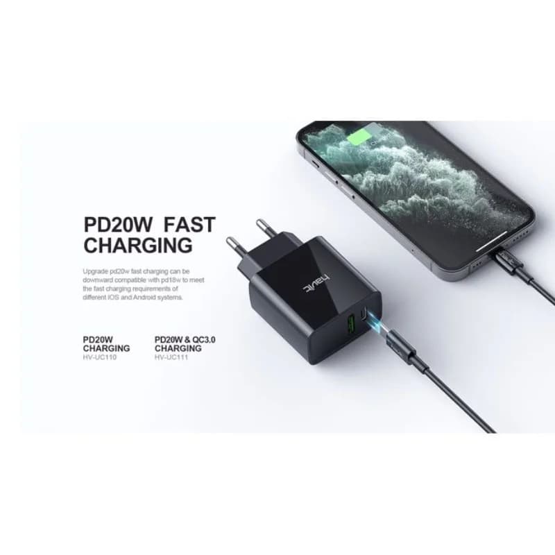 شاحن جداري مزدوج سريع PD20W بمنفذين من Havit - UC220UK-black+gray — 3