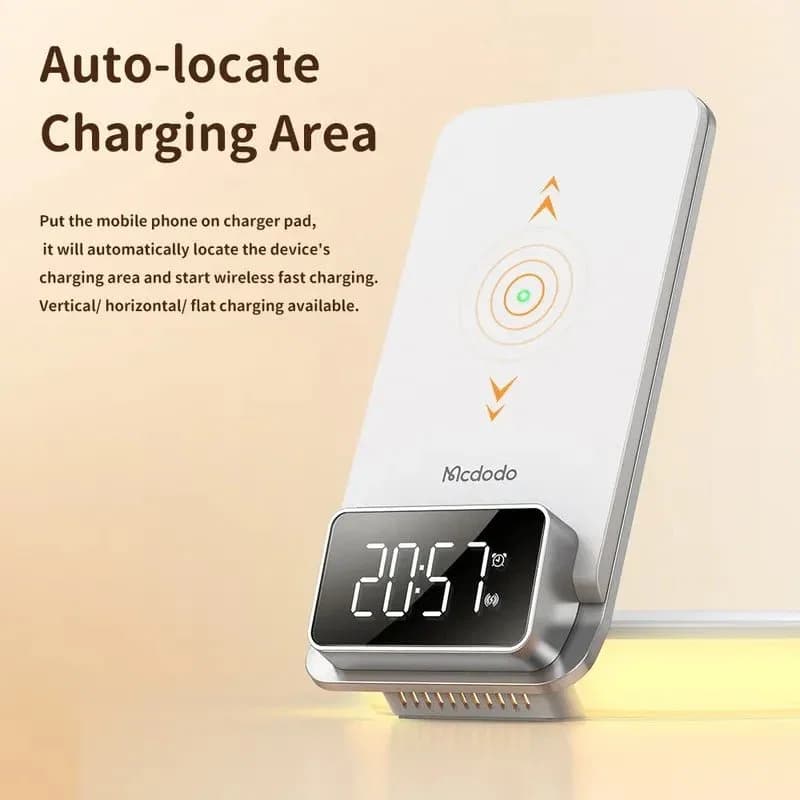 شاحن لاسلكي متعدد الوظائف 3 في 1 مع ضوء ليلي وساعة LED - CH-1610
