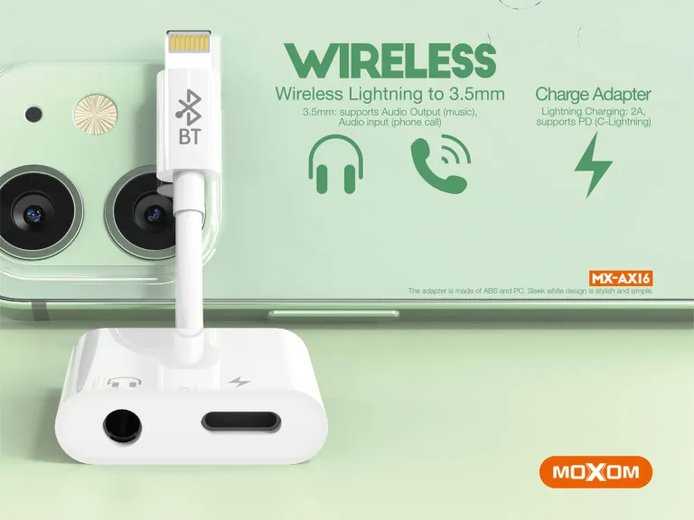 تحويلة آيفون MX-AX16 موكسوم شحن ومنفذ سماعة Wireless Lightning to 3.5mm+Charge
