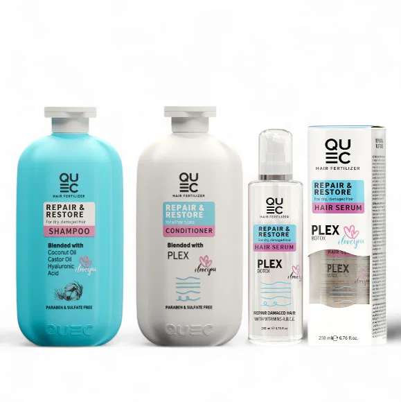 QUEC KIT VITAMIN REPAIR  RESTORE-SHAMPOOCONDITIONERSERUM -كويك كت فيتامين اصلاح الشعر -شامبوبلسم سيروم