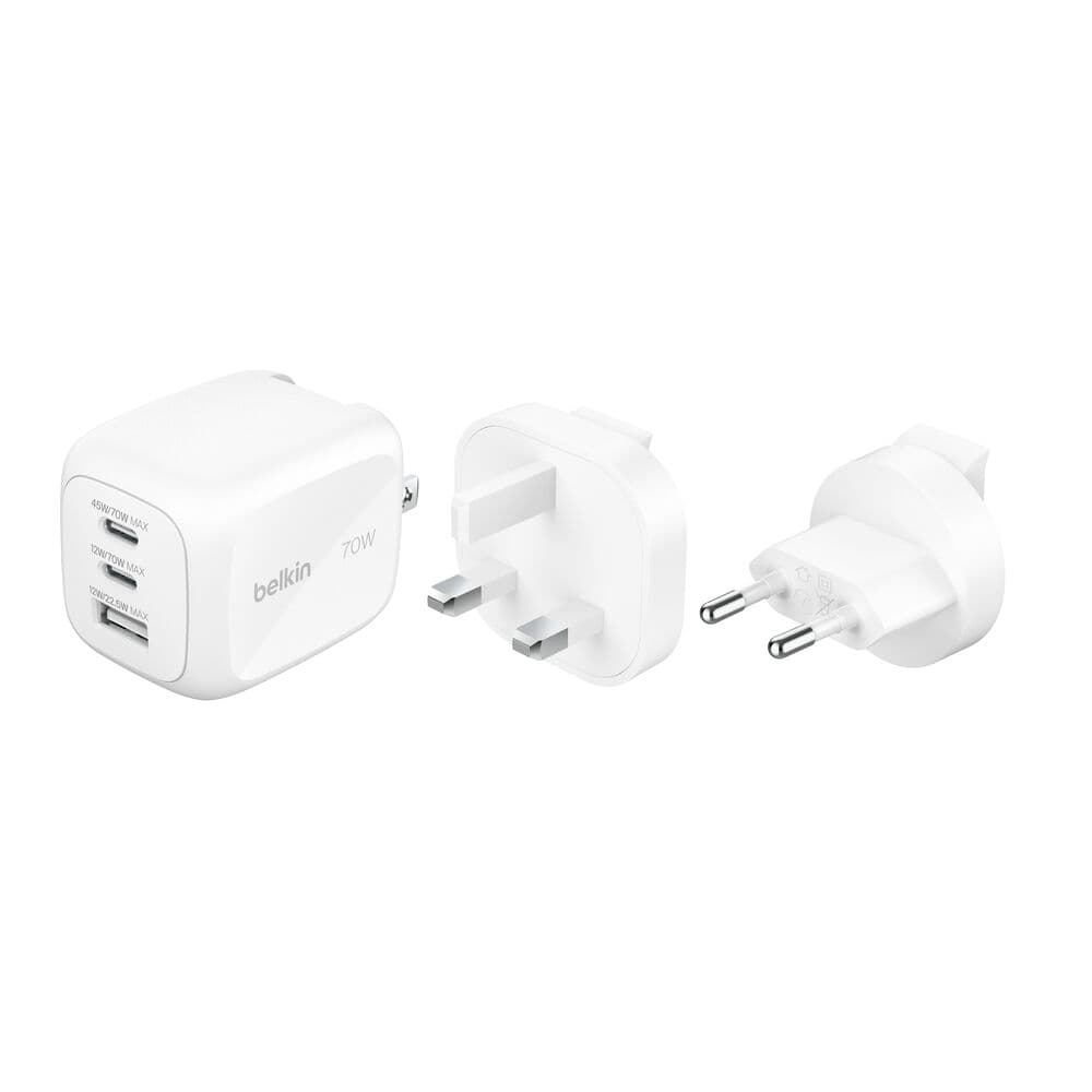 شاحن جداري Belkin GaN ثلاثي المنافذ بقدرة 70 واط - WCH018hqWH