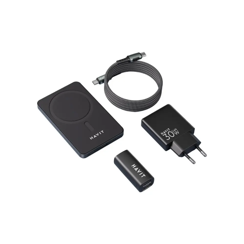 مجموعة هدايا إلكترونية Havit 2024 مع باور بانك وشاحن USB-C - 2024giftkitEU-black+gray