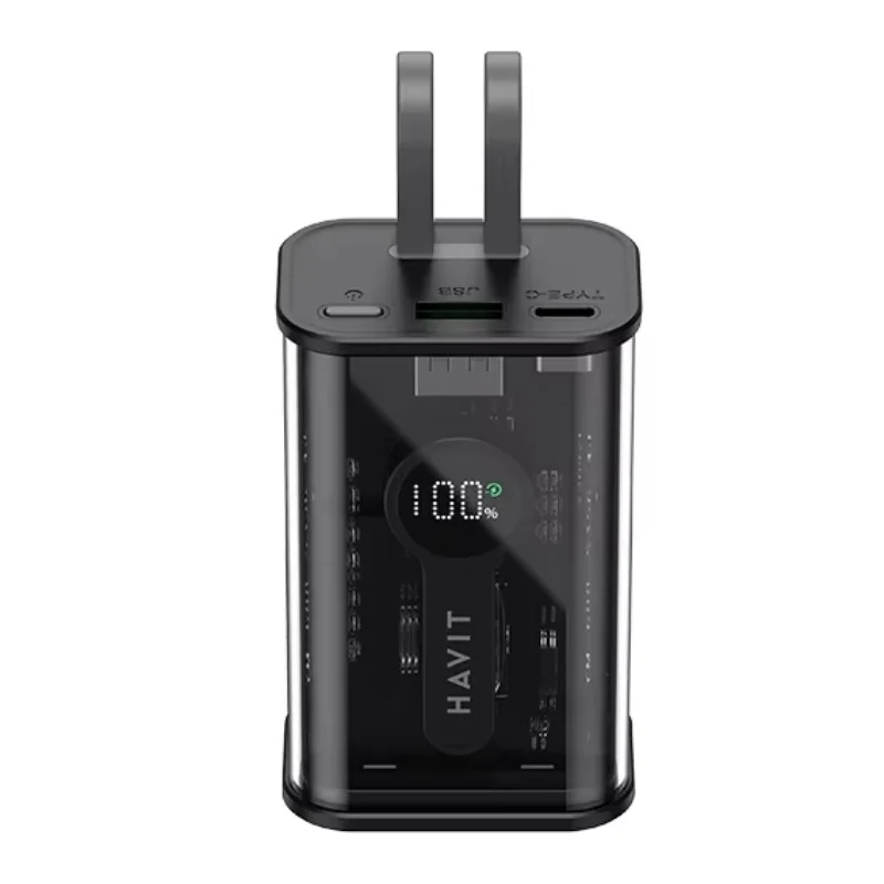 باور بنك Havit PB94 بسعة 10000mAh مع كابلات مدمجة USB-C وLightning - أسود PB94-black