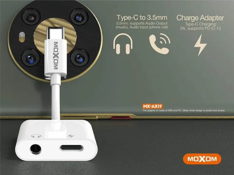 تحويلة تايب سي MX-AX19 موكسوم شحن ومنفذ سماعة (MOXOM Charge Adapter 3A (Type-C to 3.5mm+Type-C