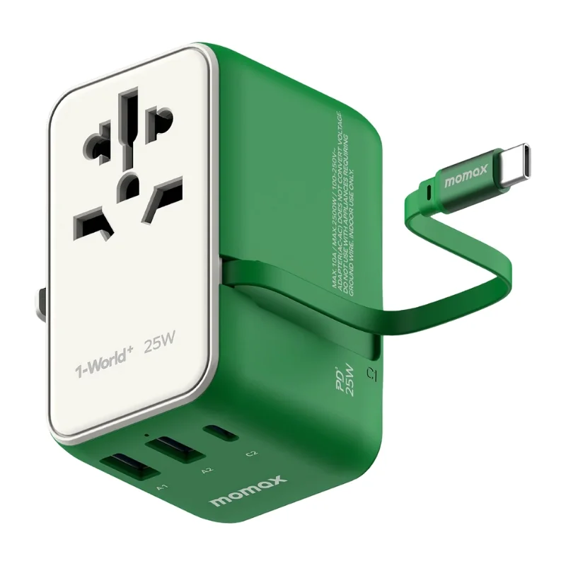 شاحن Momax World+ 25W مع 3 منافذ وكابل USB-C مدمج + محول سفر - 3606 — 2