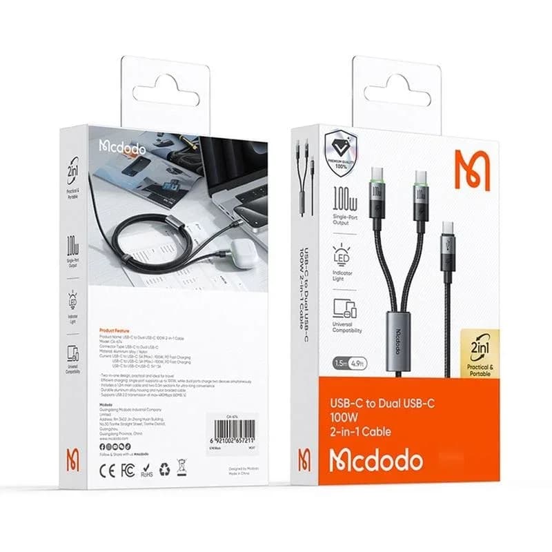 كيبل USB-C مزدوج 100 واط مع LED بطول 1.5 متر - CA-6740 — 2