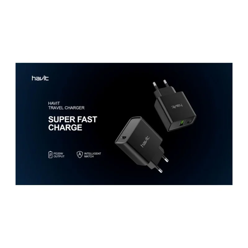 شاحن جداري مزدوج سريع PD20W بمنفذين من Havit - UC220UK-black+gray — 2
