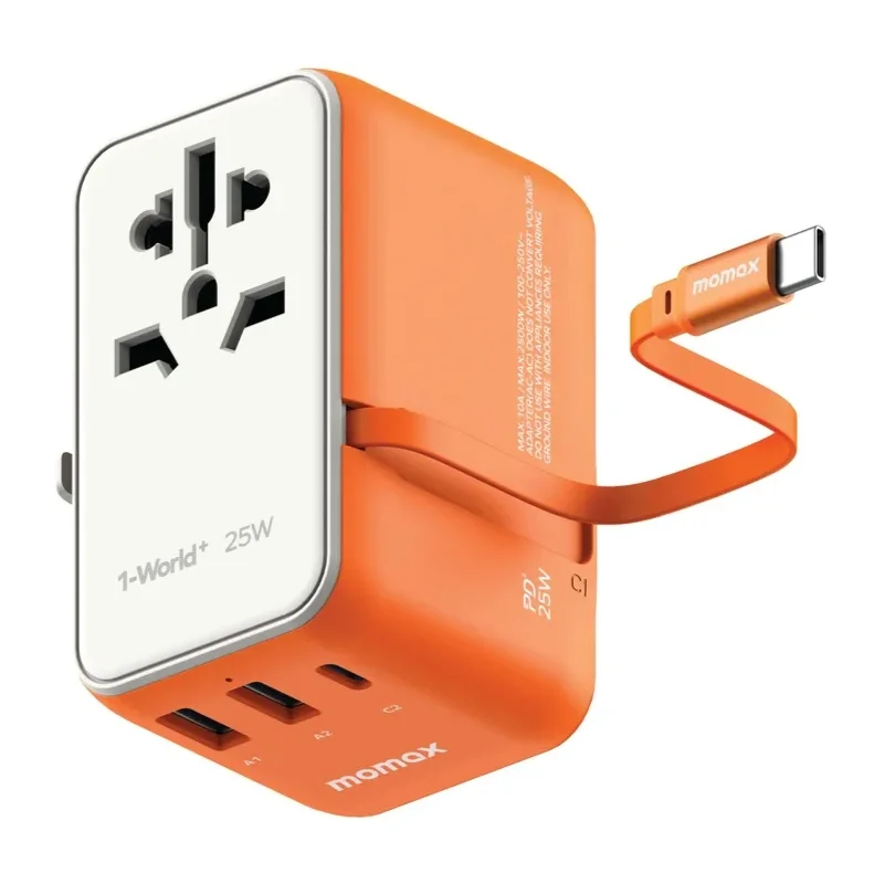 شاحن Momax World+ 25W بثلاثة منافذ مع كابل USB-C مدمج ومحول سفر - 3607 — 2