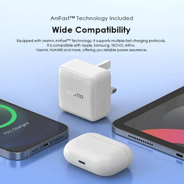 شاحن Oraimo 20W بتقنية GaN مع كابل USB-C إلى USB-C أبيض 5029 — 2
