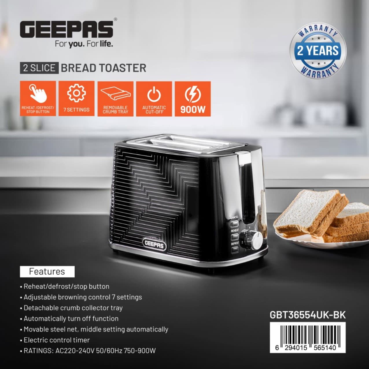 محمص خبز كهربائي بقوة 900 واط مع فتحات واسعة من GEEPAS — 4