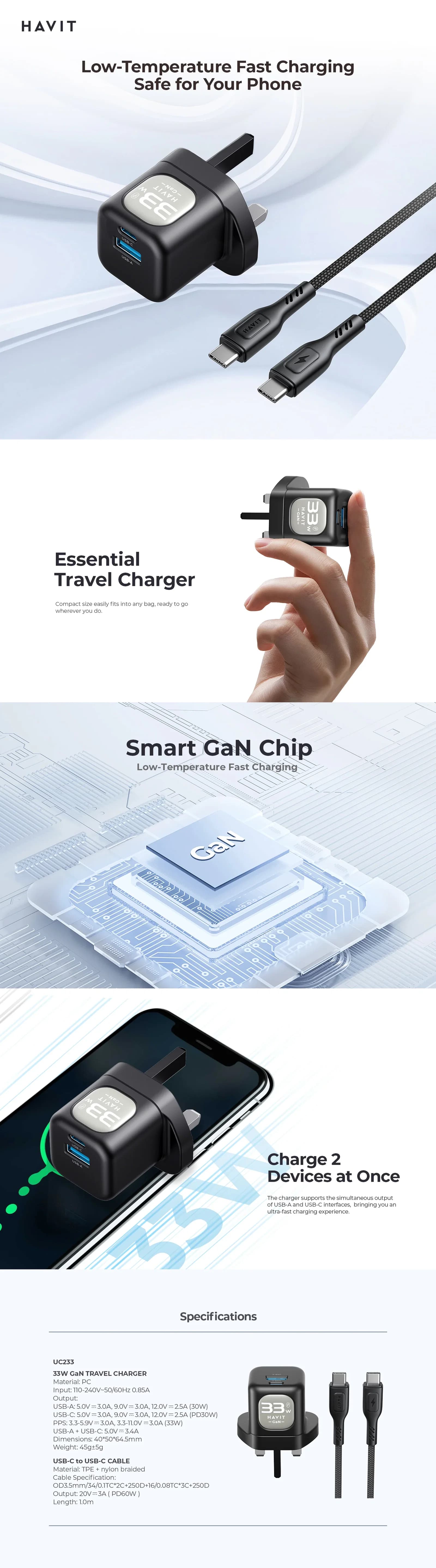 شاحن جداري Havit UC233 UK مزدوج 33 واط مع كابل C-C 60 واط — 3