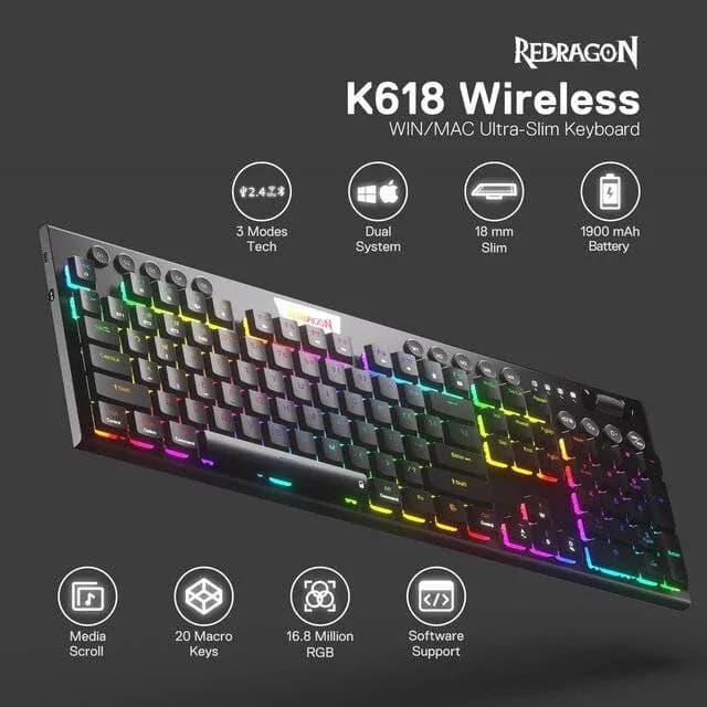 Redragon K618RGB Horus Pro Wired‑2.4G‑BT Mechanical Keyboard — 3