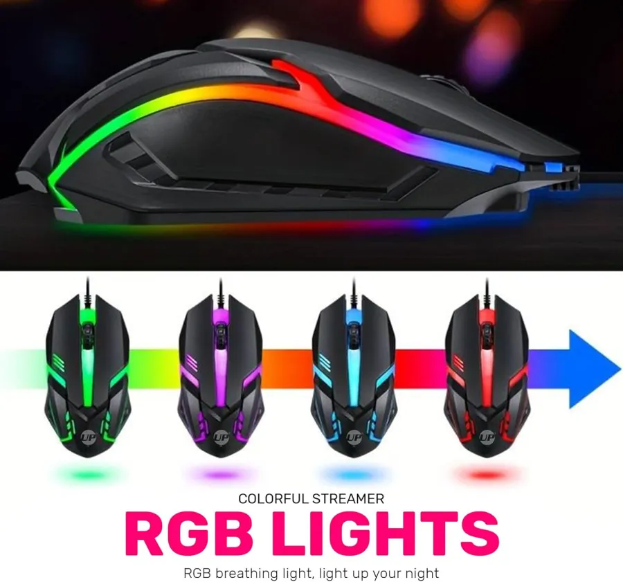 ماوس ألعاب سلكي بدقة 1600 نقطة لكل بوصة وإضاءة RGB – تصميم مريح و3 أزرار Wired Gaming Mouse – 1600 DPI – RGB LED – 3 Buttons – Ergonomic Design — 2