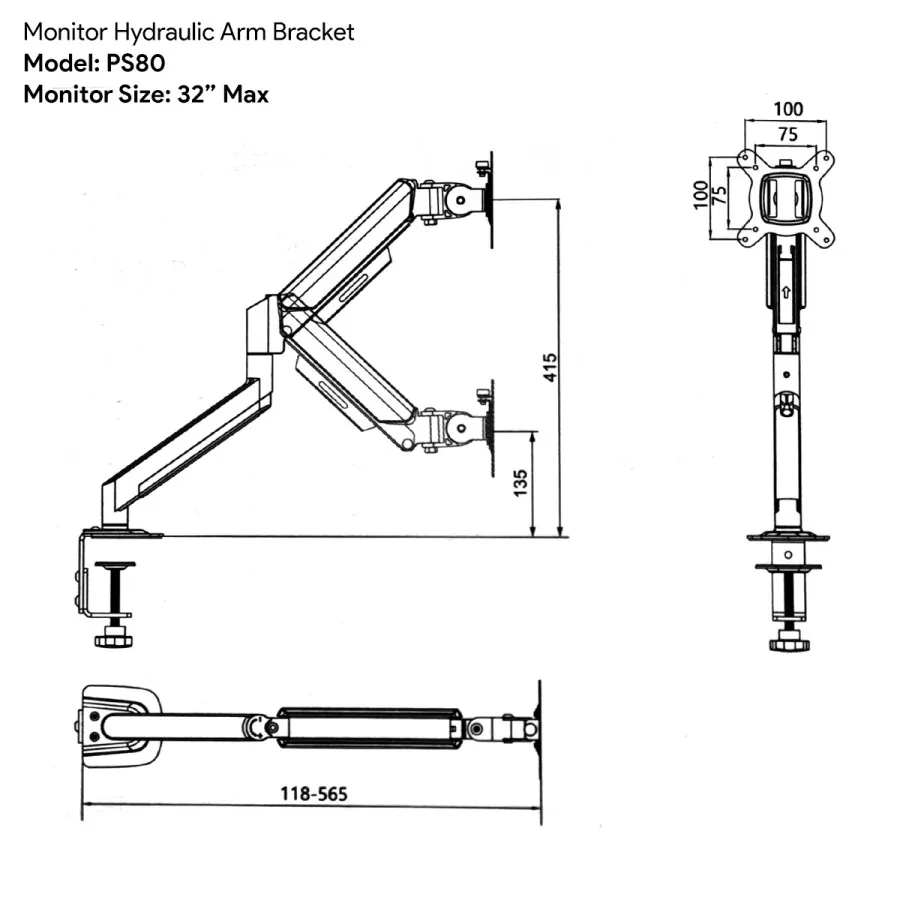 ذراع هيدروليكية لتثبيت الشاشة على المكتب (PS80) Desk Mount Single Monitor Hydraulic Arm (PS80) — 2