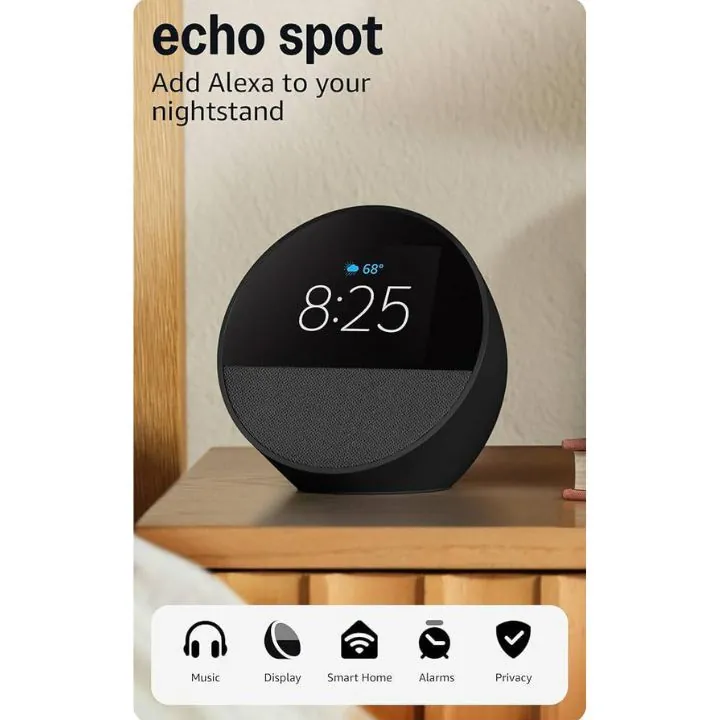 استمتع بتجربة تفاعلية مع Alexa لتتحكم في منزلك وتشغل الموسيقى  Amazon Echo Spot (2024 Release) – Smart Speaker with Display + Alexa — 2