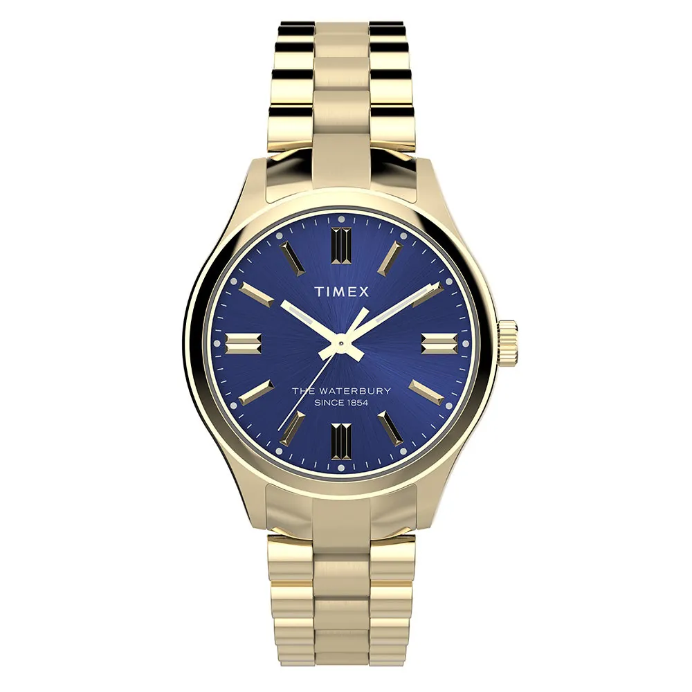 ساعة تايمكس واتربري تقليدية 34mm بمينا أزرق وسوار ستانلس ستيل مطلي ذهبي TW2W40300