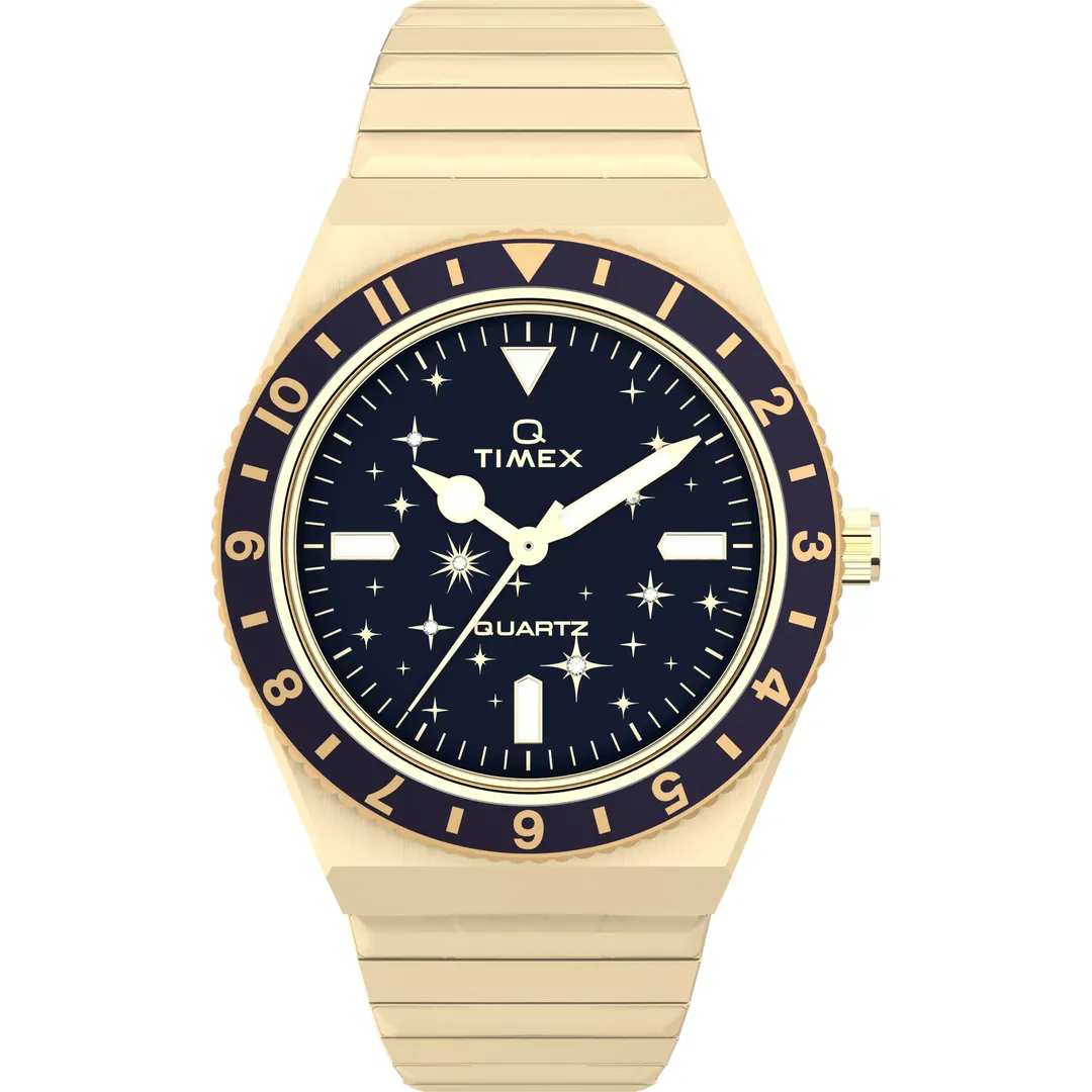 ساعة تايمكس Q Timex Celestial نسائية 36mm ستانلس ستيل ذهبية بمينا أزرق